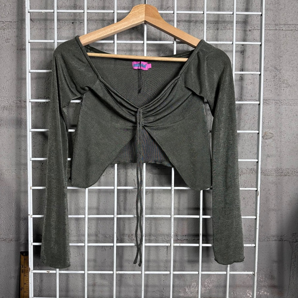 Edikted Olive Green Ruched Drawstring shiny fairy Crop Top whimsical whimsgoth